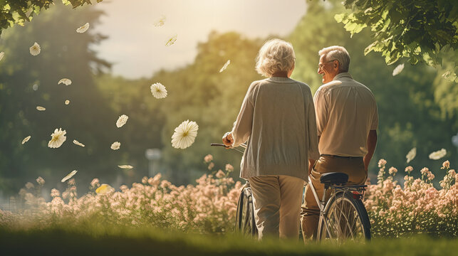 Golden Years in Bloom, elderly couple enjoys a serene walk through a blossoming park, embodying the peacefulness of their golden years