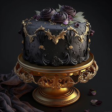 Beautiful gothic wedding black gold cake decorating pictures AI Generated image