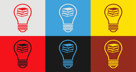 Colorful light bulb and books icons set in 6 colors for vibrant designs, light bulb and books Isolated on background