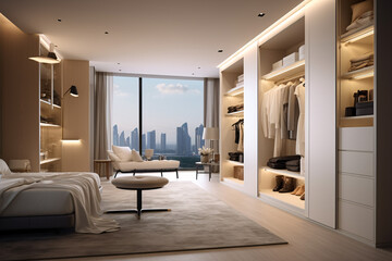 Walk in closet interior design, white walk in wardrobe in modern luxury and minimal style.