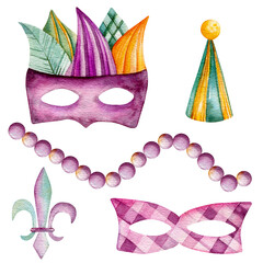 Set of watercolor illustrations. Hand drawn purple beads, party cap, carnival masks, fleur de lis isolated on white background. Masquerades, holidays, Mardi Gras. Clipart.