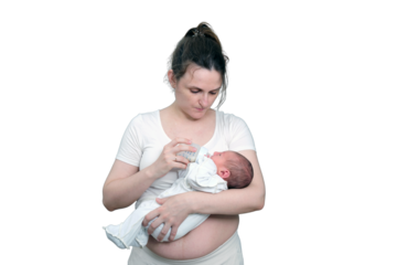 A mother woman with a newly born newborn baby in her arms, an isolated on a white background. A child aged 0 months after birth