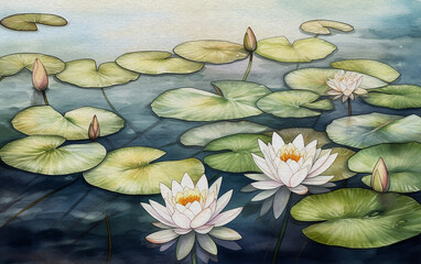 Watercolor painting of water lilies and green leaves in a pond