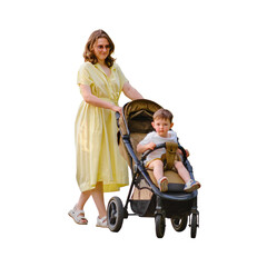 Woman mother walks with toddler baby in pram walking along path in summer park, isolated on white...