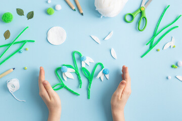 Step by step diy process of making snowdrops flowers. Creativity, crafting with kids. - obrazy, fototapety, plakaty
