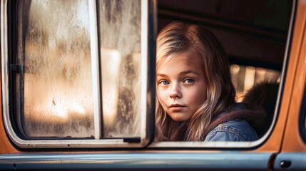 Teenage girl looking thoughtfully through the window of an orange vintage car