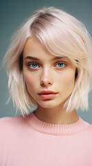 Naklejka premium Portrait of a beautiful blonde girl in a pink sweater on a gray background