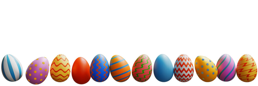 Easter eggs in a row. Banner border 3d rendering