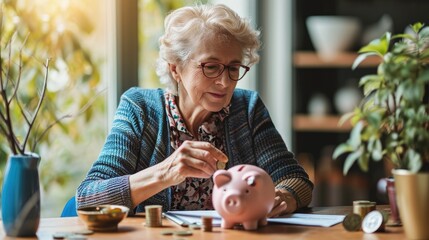 Elderly woman putting money into piggy bank, savings concept.