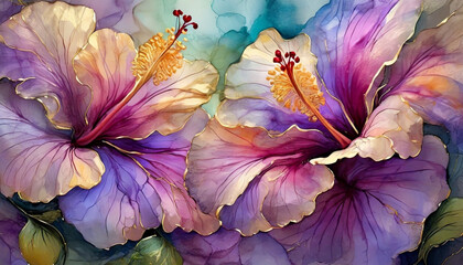 Piękne kwiaty Hibiskusa w stylu alkohol ink painting. Generative AI - obrazy, fototapety, plakaty