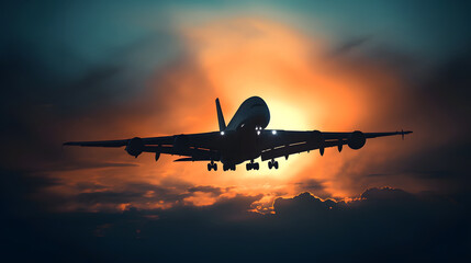 Fototapeta na wymiar Airplane silhouette against dramatic sunset sky with vibrant orange hues and clouds, depicting travel and adventure.