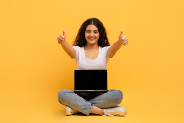 Cheerful attractive young hindu lady with laptop sitting on floor