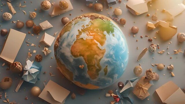 A festive Earth with surrounding gifts, conveying a global holiday theme