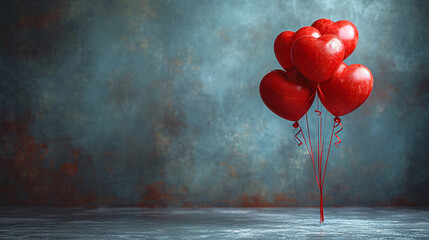 Vibrant Red Heart Balloons Tied Together Against a Textured Blue-Grey Background, Valentine's Day concept, Generative AI
