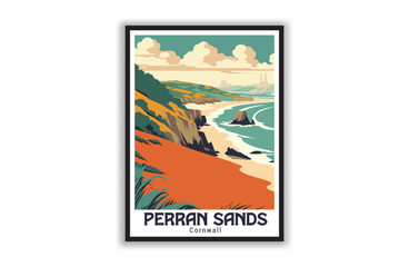 Perran Sands, Cornwall. Vintage Travel Posters. Vector art. Famous Tourist Destinations Posters Art Prints Wall Art and Print Set Abstract Travel for Hikers Campers Living Room Decor
