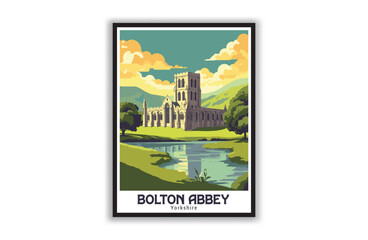 Bolton Abbey, Yorkshire. Vintage Travel Posters. Vector art. Famous Tourist Destinations Posters Art Prints Wall Art and Print Set Abstract Travel for Hikers Campers Living Room Decor