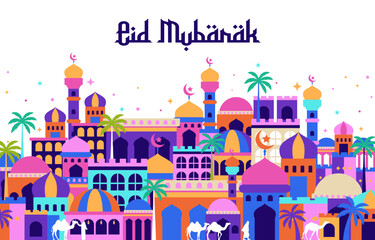 eid mubarak with arabian city background. vector illustration