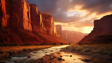 View from the bottom of a canyon with a river flowing through it at sunset with a beautiful orange sky - obrazy, fototapety, plakaty