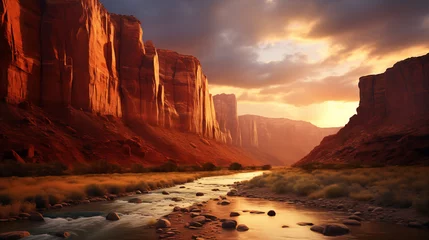  View from the bottom of a canyon with a river flowing through it at sunset with a beautiful orange sky © Fabian Mohr