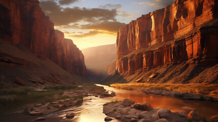 View from the bottom of a canyon with a river flowing through it at sunset with a beautiful orange sky