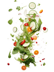 A dynamic arrangement of fresh salad ingredients suspended in mid-air, with droplets of water enhancing their freshness