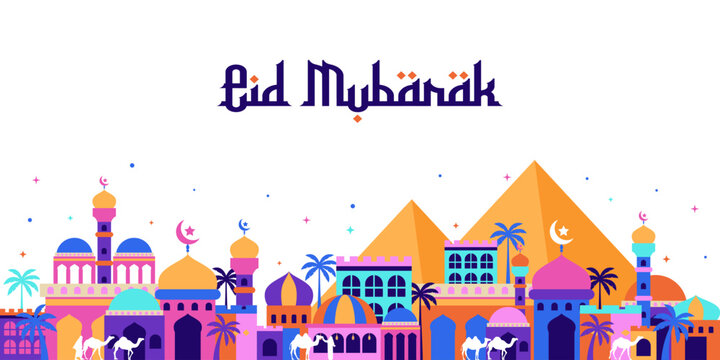 eid mubarak with arabian city background. vector illustration