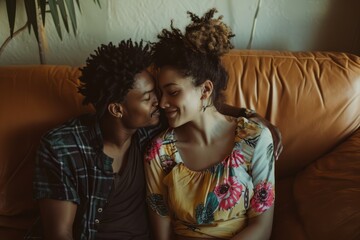 Fototapeta na wymiar Young ethnic African American couple kissing on valentines day sitting on a couch at home with gifts in romantic mood
