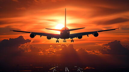 Airplane silhouette against dramatic sunset sky with vibrant orange hues and clouds, depicting travel and adventure.