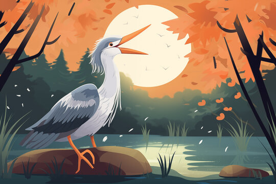 Garça com o bico aberto em frente a uma lagoa na natureza - Ilustração Infantil 2d
