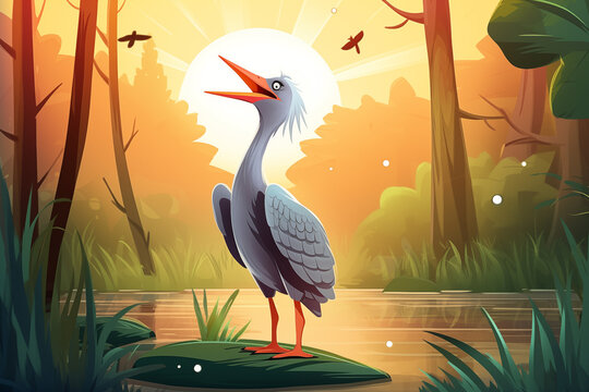 Garça com o bico aberto em frente a uma lagoa na natureza - Ilustração Infantil 2d