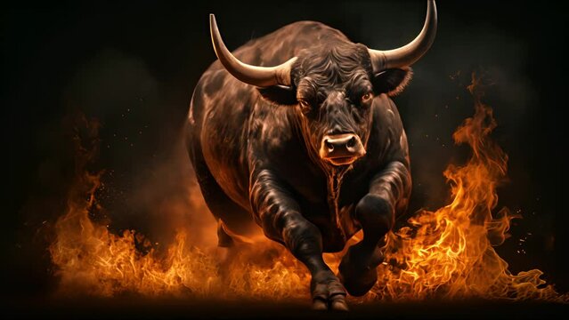 Majestic bull engulfed in flames, charging with intense gaze and powerful stance
