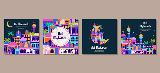 Set of eid mubarak al fitr islamic arabic mosque architecture illustration for a poster banner, cover, social media post template. vector illustration