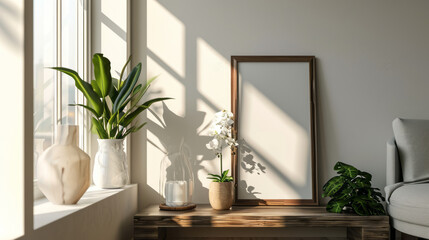 interior design, blank mockup photo oak wooden frame template showcase home interior Scandinavian design background