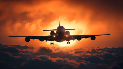 Airplane silhouette against dramatic sunset sky with vibrant orange hues and clouds, depicting...