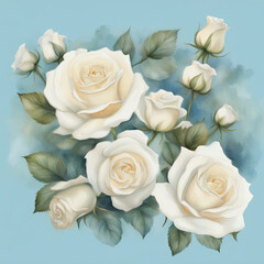 White roses on a blue background. Vintage style