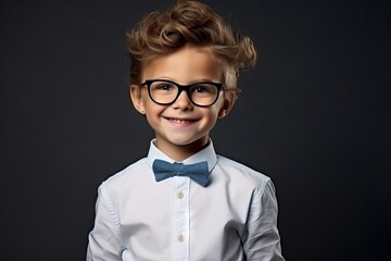 Portrait of a cute little boy in glasses and bow tie.