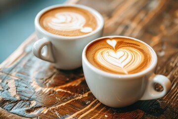 Two Cups of Heart Latte Art Coffee on Wooden Table, Cozy Cafe Concept