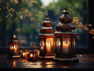 Ramadan kareem beautiful Illuminated lantern ornament and eid mubarak 3d islamic greeting illustration on bokeh background