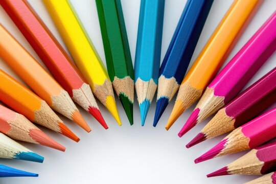 Arrangement of colored pencils isolated on white background
