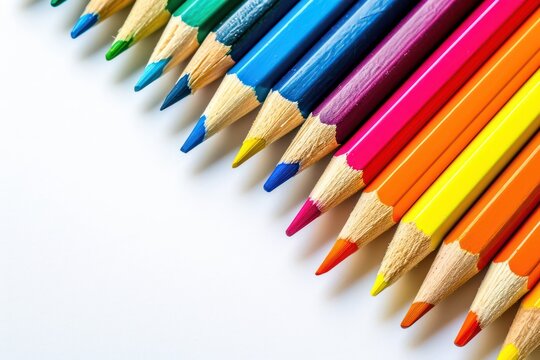 Arrangement of colored pencils isolated on white background