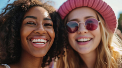 Fototapeta premium Portrait of two happy multiethnic girlfriends posing outdoors. Beautiful two girlfriends in bright hats take a selfie and have fun. Concept of fun, friendship.
