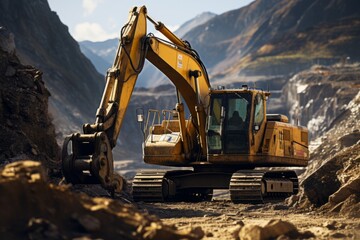 Construction site excavator digger miner excavation building mud heavy powerful hydraulic machinery industrial equipment working engineer professional digging mining carry bulldozer dirt workplace - obrazy, fototapety, plakaty