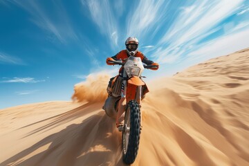 ktm bike rider in desert wide angle lens - obrazy, fototapety, plakaty