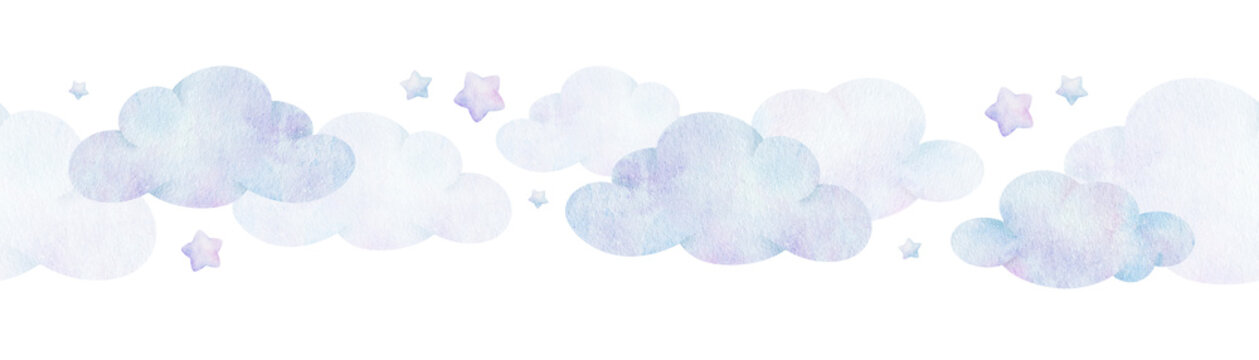 Air clouds and stars. Children's background. Watercolor baby seamless border. Isolated. Design for kid's goods, postcards, baby shower and children's room