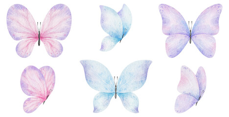 A set of cute pink butterflies. Spring animal. Isolated watercolor illustration for decoration of children's rooms, design of packages and labels, fabrics and clothes