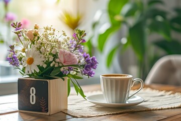 Naklejka na ściany i meble calendar with date 8 MARCH, flowers and cup on dining table. International Women's Day celebration
