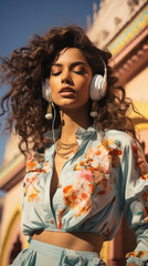 Beautiful african american girl in headphones listening music on street