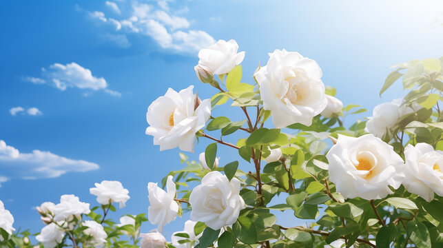 White bush roses on a background of blue sky in the sunlight., Ai generated image