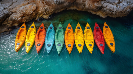 Aerial view of colorful kayaks lined up on a sandy beach by turquoise waters.
