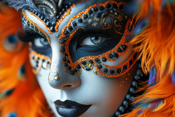Young woman with Venetian mask decorated with red feather, close up